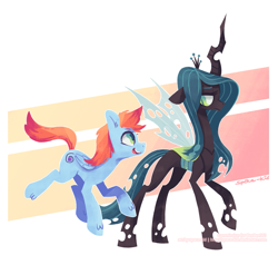 Size: 959x913 | Tagged: safe, artist:jopiter, queen chrysalis, oc, changeling, changeling queen, pegasus, pony, abstract background, changelings in the comments, duo, female