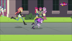 Size: 1366x768 | Tagged: safe, screencap, apple bloom, bon bon, lyra heartstrings, scootaloo, starlight glimmer, sunset shimmer, sweetie belle, sweetie drops, equestria girls, mirror magic, spoiler:eqg specials, all fours, beanie, clothes, cutie mark crusaders, faic, hat, humans doing horse things, majestic as fuck, teletoon