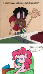 Size: 386x653 | Tagged: safe, pinkie pie, earth pony, pony, ella fitzgerald, forced meme, kenny and the chimp, meme, salmonellafitzgerald, stop calling me