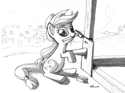 Size: 1000x745 | Tagged: safe, artist:tobibrocki, applejack, earth pony, pony, barn, hammer, monochrome, mouth hold, nails, sitting, solo