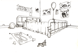 Size: 826x560 | Tagged: safe, artist:dreamingnoctis, pinkie pie, earth pony, pony, asylum, balloon, bed, bedroom, fanfic art, scenery