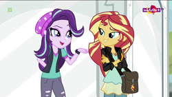 Size: 1136x640 | Tagged: safe, screencap, starlight glimmer, sunset shimmer, equestria girls, mirror magic, spoiler:eqg specials, geode of empathy, magical geodes, open mouth, smiling, teletoon