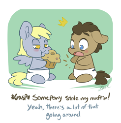 Size: 800x812 | Tagged: safe, artist:caycowa, derpy hooves, doctor whooves, colt, diaper, filly, foal, muffin