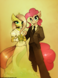 Size: 773x1027 | Tagged: safe, artist:foxinshadow, fluttershy, pinkie pie, anthro, clothes, female, flutterpie, lesbian, necktie, shipping, suit, wedding