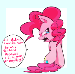 Size: 1157x1144 | Tagged: safe, anonymous artist, pinkie pie, earth pony, pony, back, blushing, cute, dialogue, diapinkes, open mouth, sitting, solo, speech bubble, tsundere