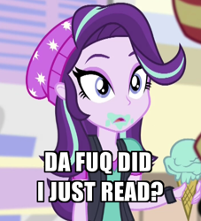 Size: 500x550 | Tagged: safe, edit, edited screencap, screencap, starlight glimmer, equestria girls, mirror magic, spoiler:eqg specials, beanie, clueless, cropped, da fuq did i just read, food, hat, ice cream, image macro, meme, solo