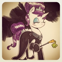 Size: 1024x1024 | Tagged: safe, artist:katiecandraw, rarity, pony, unicorn, audrey hepburn, breakfast at tiffany's, carrot, cigarette holder, clothes, hilarious in hindsight, holly golightly, solo, traditional art
