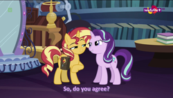 Size: 1920x1090 | Tagged: safe, screencap, starlight glimmer, sunset shimmer, pony, equestria girls, mirror magic, spoiler:eqg specials, lidded eyes, out of context, teletoon, twilight's castle