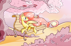 Size: 2975x1925 | Tagged: safe, artist:faikie, fluttershy, pegasus, pony, bench, solo, windswept mane