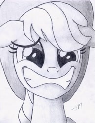 Size: 5041x6499 | Tagged: safe, artist:revenantswrath, applejack, earth pony, pony, absurd resolution, close-up, grayscale, grin, liarjack, monochrome, solo, traditional art