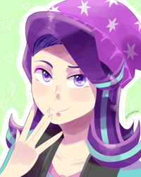 Size: 800x1000 | Tagged: safe, artist:zoruanna, starlight glimmer, human, equestria girls, mirror magic, spoiler:eqg specials, beanie, clothes, colored pupils, hat, human coloration, humanized, looking at you, simple background, smiling, solo