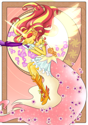 Size: 1280x1810 | Tagged: safe, artist:katrittaja, midnight sparkle, sci-twi, sunset shimmer, twilight sparkle, equestria girls, friendship games, daydream shimmer, flower, modern art, nouveau, offscreen character, sleeping, watermark