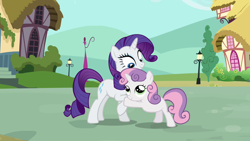 Size: 1280x720 | Tagged: safe, rarity, sweetie belle, pony, unicorn, duo, duo female, female, filly, hug, mare, siblings, sisters, white coat