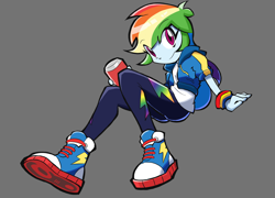 Size: 1320x950 | Tagged: safe, artist:rvceric, derpibooru import, rainbow dash, better together, equestria girls, clothes, converse, gray background, multicolored hair, shoes, simple background, smiling, solo, wristband