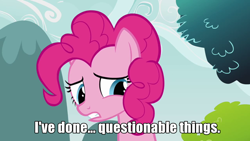 Size: 640x360 | Tagged: safe, edit, edited screencap, screencap, pinkie pie, earth pony, pony, too many pinkie pies, blade runner, bust, female, image macro, mare, pinkie clone debate, pinkie tyrone, solo