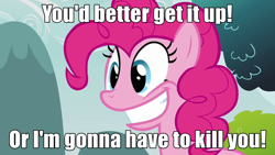 Size: 640x360 | Tagged: safe, edit, edited screencap, screencap, pinkie pie, earth pony, pony, too many pinkie pies, blade runner, female, image macro, mare, pinkie tyrone, smiling, solo