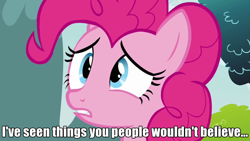 Size: 640x360 | Tagged: safe, edit, edited screencap, screencap, pinkie pie, earth pony, pony, too many pinkie pies, blade runner, female, image macro, mare, pinkie tyrone, solo