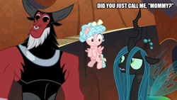 Size: 889x500 | Tagged: safe, edit, edited screencap, screencap, cozy glow, lord tirek, queen chrysalis, centaur, changeling, changeling queen, pegasus, pony, the beginning of the end, caption, crown, family, female, filly, horn, image macro, jewelry, mom, mommy, mommy chrissy, mother, regalia, text, wings