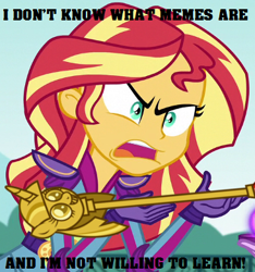 Size: 365x390 | Tagged: safe, edit, edited screencap, screencap, sunset shimmer, equestria girls, friendship games, angry, caption, exploitable meme, image macro, meme, scepter, solo, sunset is not willing to learn, twilight scepter, twilight scepter meme
