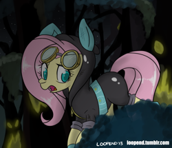 Size: 1000x858 | Tagged: safe, artist:pijinpyon, fluttershy, pegasus, pony, bunny ears, clothes, dangerous mission outfit, female, goggles, hoodie, mare, open mouth, solo