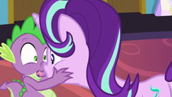 Size: 1920x1080 | Tagged: safe, screencap, spike, starlight glimmer, dragon, pony, unicorn, celestial advice, boop, eye contact, female, frown, looking at each other, mare, nose wrinkle, noseboop, now kiss, open mouth, squishy cheeks, tongue out, wide eyes