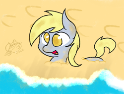 Size: 862x651 | Tagged: safe, artist:rice, derpy hooves, pegasus, pony, beach, female, hoofprints, mare, ocean, solo