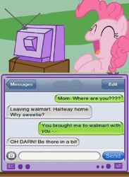 Size: 511x700 | Tagged: safe, pinkie pie, earth pony, pony, chat, exploitable meme, imessage, ios, parenting, tv meme, walmart