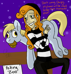 Size: 889x931 | Tagged: safe, artist:cartoonlion, artist:pacce, carrot top, derpy hooves, golden harvest, human, pony, bubble butt, carrying, colored, humanized, kidnapped, muffin, petting zoo, plot, stealing, underhoof