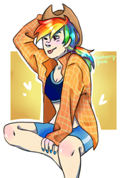 Size: 484x693 | Tagged: safe, artist:blueberry-ghost, derpibooru import, applejack, rainbow dash, human, appledash, clothes swap, female, humanized, implied lesbian, lesbian, shipping, solo, stolen accessory