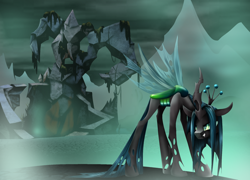 Size: 1280x922 | Tagged: safe, artist:mysteriousshine, queen chrysalis, changeling, changeling queen, crown, evil lair, fangs, female, fog, grogar's lair, holes, horn, jewelry, lair, mare, mountain, regalia, ruins, solo, wings