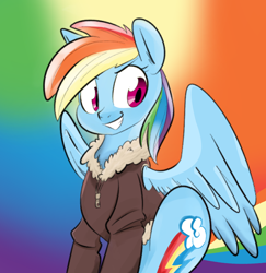 Size: 1280x1319 | Tagged: artist needed, source needed, safe, derpibooru import, rainbow dash, pegasus, pony, bomber jacket, clothes, jacket, rainbow background, smiling, solo, spread wings, wings