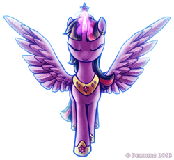 Size: 800x735 | Tagged: safe, artist:delthero, derpibooru import, twilight sparkle, twilight sparkle (alicorn), alicorn, pony, clothes, dress, elements of harmony, female, magic, mare, simple background, solo