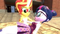 Size: 1360x768 | Tagged: safe, artist:mk513, sci-twi, sunset shimmer, twilight sparkle, equestria girls, 3d, blushing, bridal carry, carrying, daydream shimmer, female, gmod, lesbian, scitwishimmer, shipping, sunsetsparkle