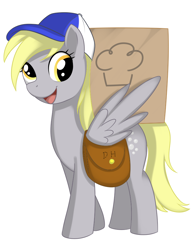 Size: 756x972 | Tagged: safe, artist:kloudmutt, derpy hooves, pegasus, pony, cap, female, hat, mailbag, mare, muffin, solo