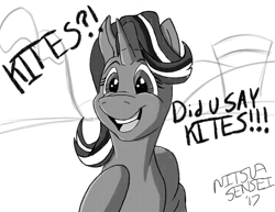 Size: 1024x791 | Tagged: safe, artist:nitsuasensei, starlight glimmer, pony, grayscale, kite, monochrome, solo, that pony sure does love kites