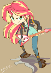 Size: 992x1403 | Tagged: safe, artist:mr.sugar, sunset shimmer, human, equestria girls, rainbow rocks, female, flying v, guitar, looking at you, pixiv, solo, sunset shredder