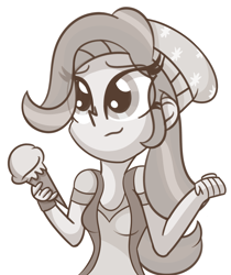 Size: 1933x2296 | Tagged: safe, artist:pastelhorses, starlight glimmer, equestria girls, mirror magic, spoiler:eqg specials, beanie, clothes, female, food, hat, ice cream, ice cream cone, monochrome, simple background, solo, that human sure does love ice cream, vest, white background