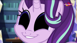 Size: 1920x1080 | Tagged: safe, edit, edited screencap, screencap, starlight glimmer, equestria girls, mirror magic, spoiler:eqg specials, creepy, faic, glimmie, no catchlights, smiling, smirk, solo, teletoon, why