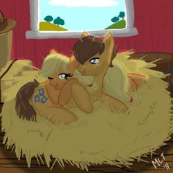 Size: 900x900 | Tagged: safe, artist:appledew, applejack, caramel, earth pony, pony, carajack, female, hay, male, shipping, straight