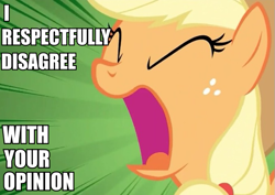 Size: 675x477 | Tagged: safe, applejack, earth pony, pony, blonde mane, female, image macro, mare, orange coat, solo, yelling