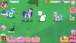 Size: 1280x720 | Tagged: safe, aloe, amira, double diamond, minuette, queen chrysalis, seaspray, twilight sparkle, changeling, changeling queen, earth pony, pony, saddle arabian, unicorn, double diamond gets all the mares, female, game screencap, gameloft, gameloft shenanigans, gem, male, mare, stallion, straight