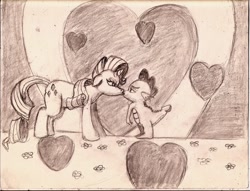 Size: 1023x781 | Tagged: safe, artist:the_fallen_dragon, rarity, spike, dragon, pony, unicorn, female, heart, kissing, male, shipping, sparity, straight, traditional art