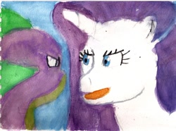 Size: 900x669 | Tagged: safe, artist:the_fallen_dragon, rarity, spike, dragon, pony, unicorn, argument, traditional art, watercolor painting