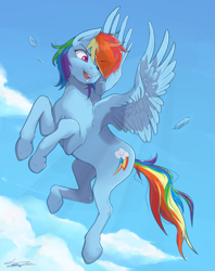 Size: 2353x2969 | Tagged: safe, artist:sydneyitssydneyyo, derpibooru import, rainbow dash, pegasus, pony, cloud, feather, flying, hair over one eye, looking down, open mouth, signature, sky, solo, spread wings, wings