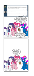 Size: 840x1856 | Tagged: safe, artist:dekomaru, pinkie pie, rarity, earth pony, pony, unicorn, tumblr, tumblr:ask twixie