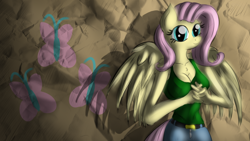 Size: 3000x1687 | Tagged: safe, artist:malamol, fluttershy, anthro, pegasus, female, pink hair, solo, wings, yellow coat