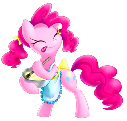 Size: 2838x2723 | Tagged: dead source, safe, artist:gatodelfuturo, pinkie pie, pony, apron, baking, batter, bipedal, clothes, cute, diapinkes, eyes closed, pigtails, simple background, solo, spoon, stirring, tongue out, transparent background