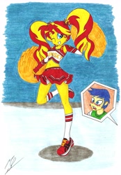 Size: 4849x6948 | Tagged: safe, artist:metaldudepl666, part of a set, comet tail, sunset shimmer, equestria girls, absurd resolution, belly button, blushing, cheerleader, cometshimmer, grin, midriff, pigtails, pom pom, sneakers, traditional art, wink