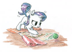 Size: 1936x1407 | Tagged: safe, artist:mcstalins, rarity, pony, unicorn, behaving like a cat, fabric, female, filly, filly rarity, measuring tape, playing, solo, traditional art, yarn, yarn ball, younger