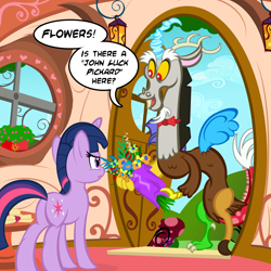 Size: 1200x1200 | Tagged: safe, artist:pixelkitties, derpibooru import, discord, twilight sparkle, flower, star trek